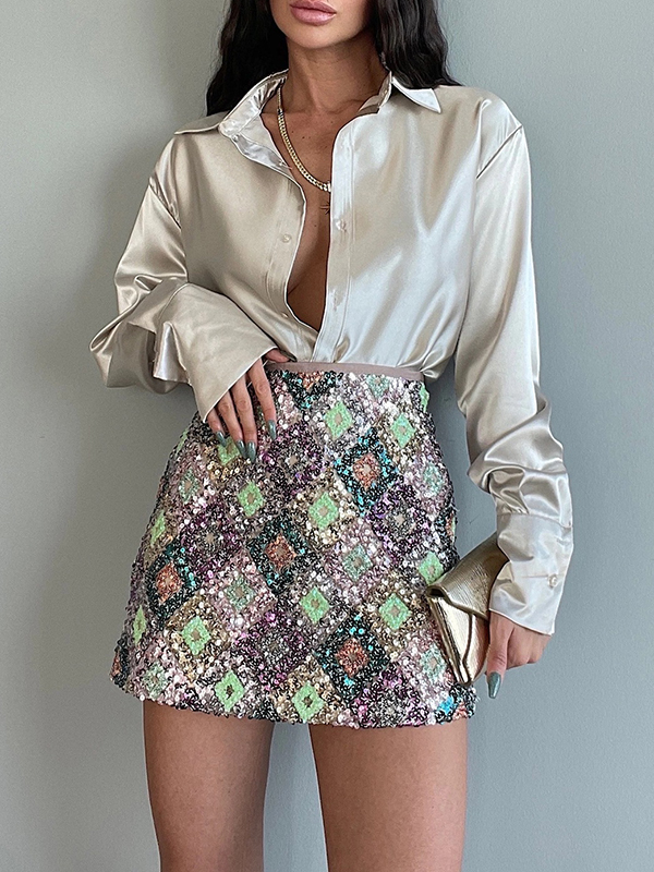 Long Sleeves Loose Buttoned Shiny Solid Color Lapel Blouses&Shirts Tops