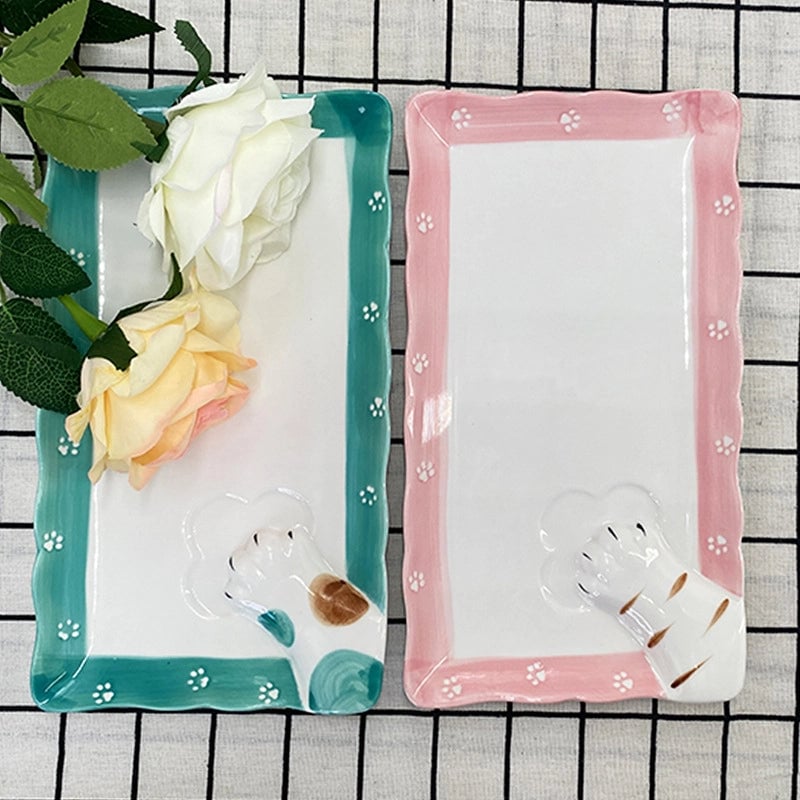 Cute Round Square Cat Claws Porcelain Plate 1 Piece