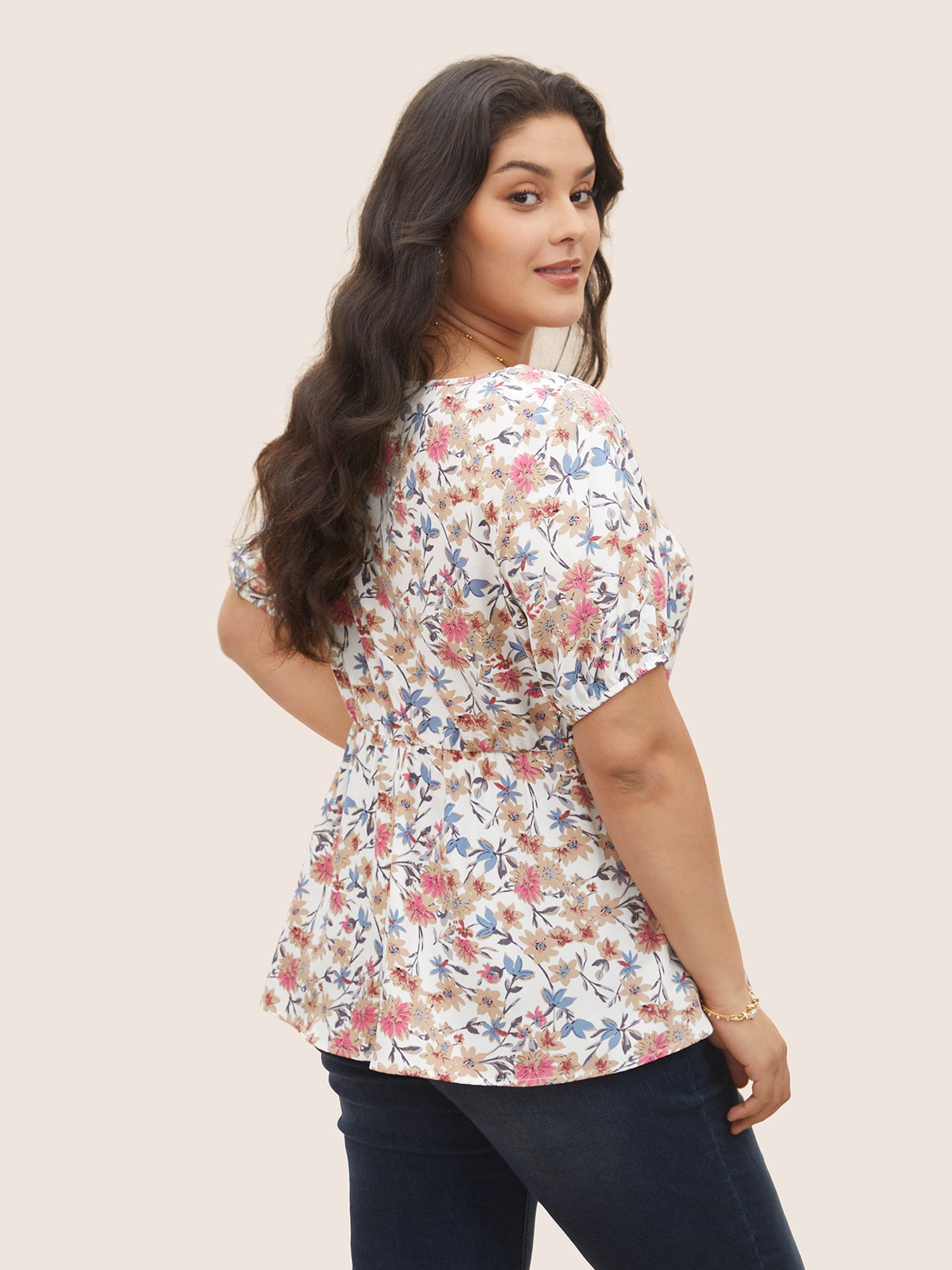 Floral Lace Up Gathered Lantern Sleeve Blouse