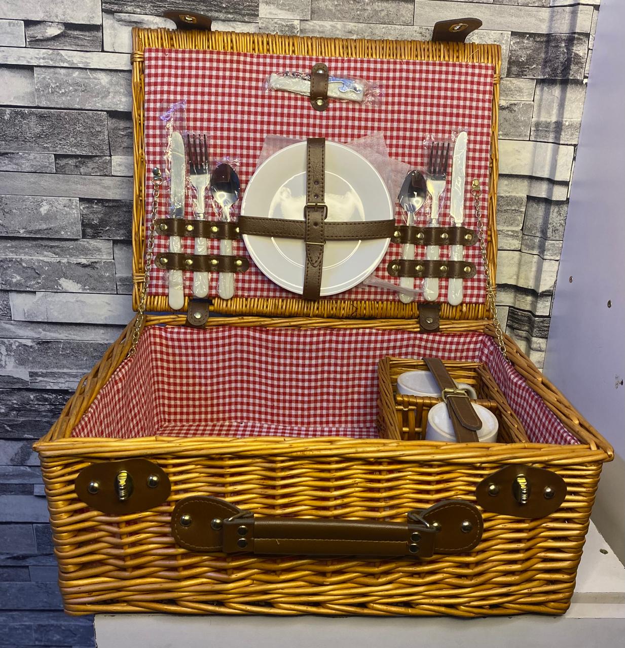 Luxury Picnic Basket for 4 Insulated Wicker Hamper with Plaid Blanket