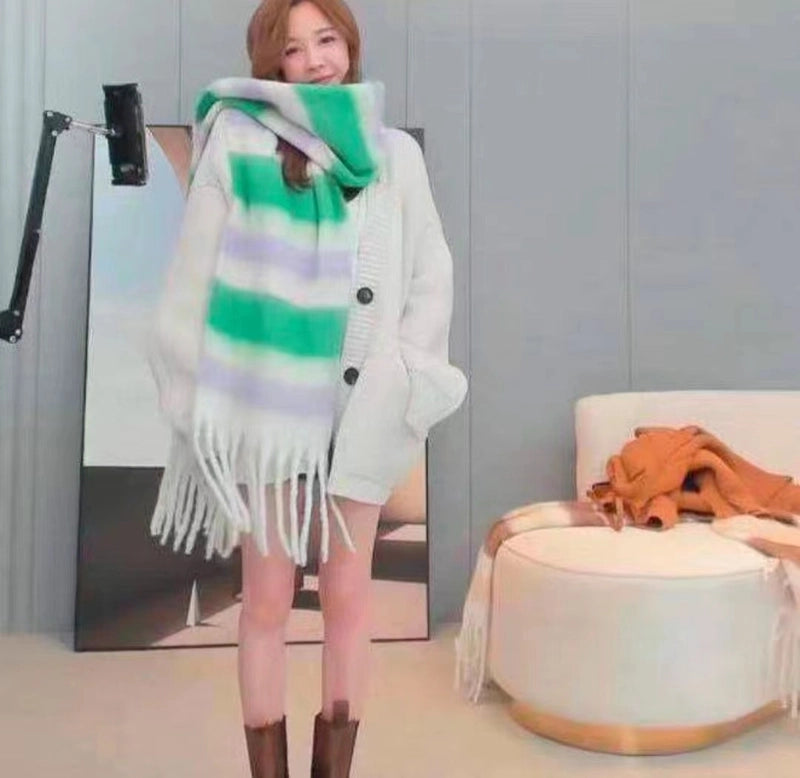 Brown Striped Scarf Women's Autumn And Winter  Trendy Winter Warm Imitation Cashmere Windproof Scarf For Students