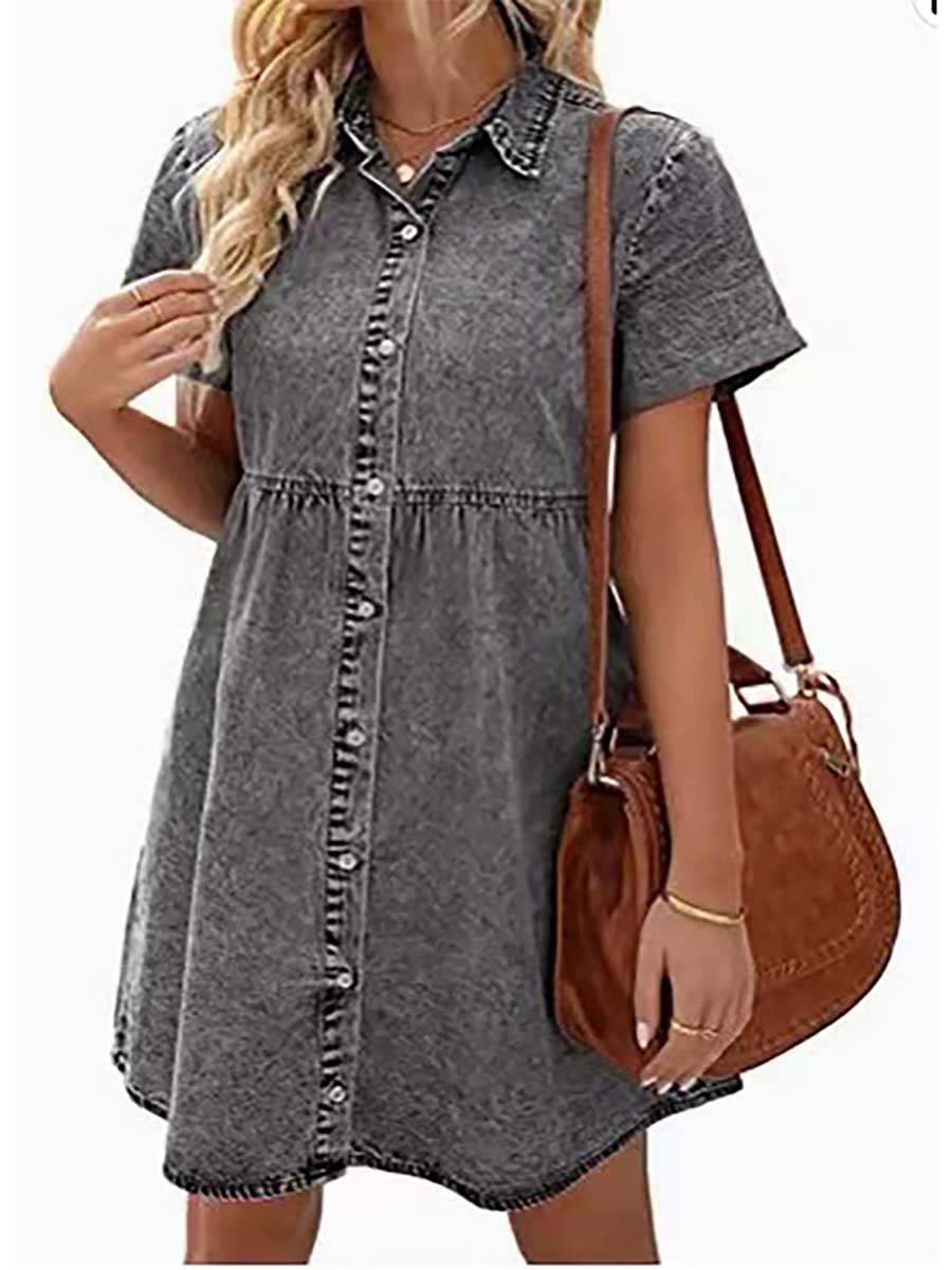 Washed Denim Lapel Loose Sweetheart Ruffle Dress