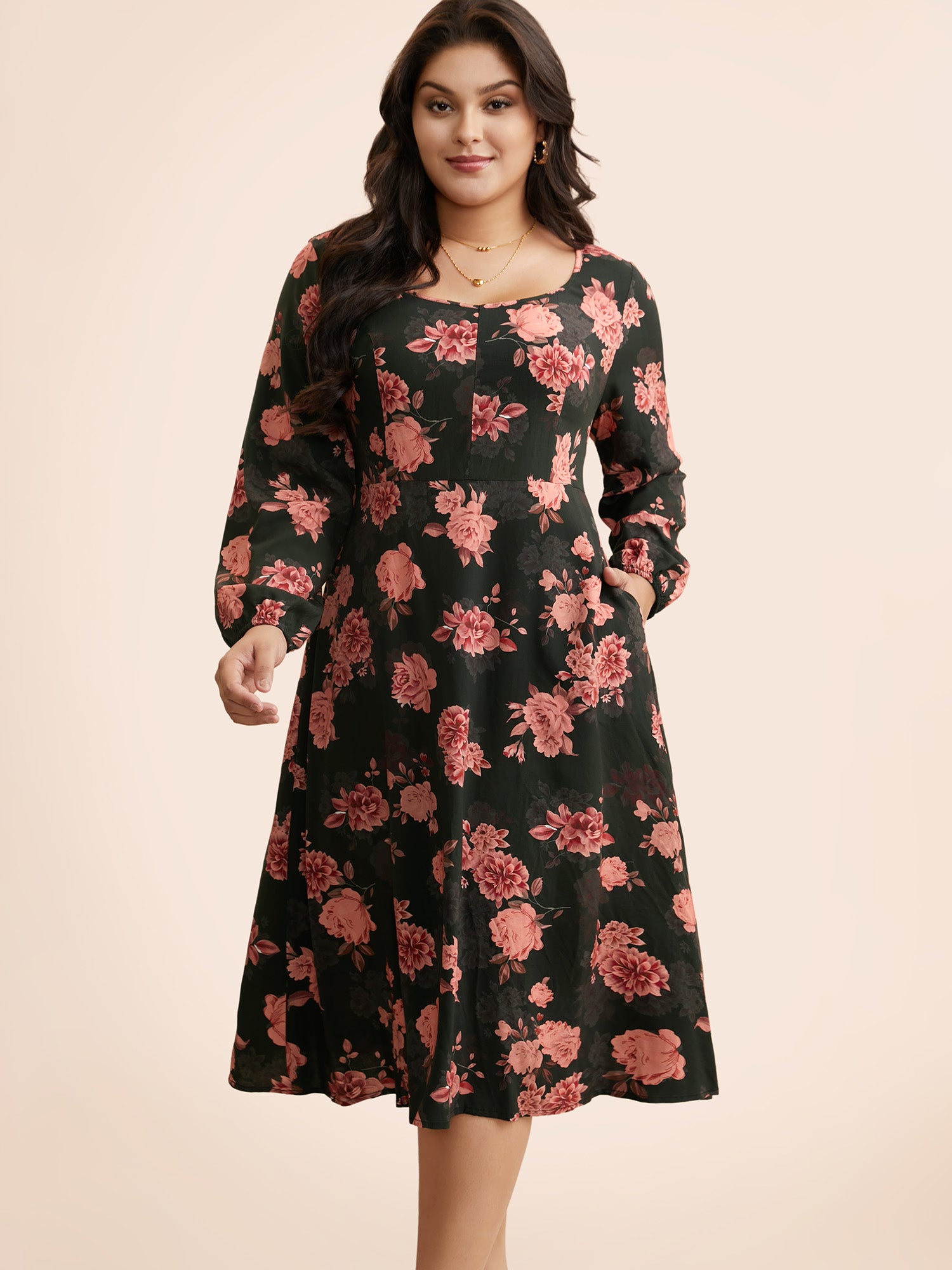 Floral Lantern Sleeve Shirred Pocket Dress