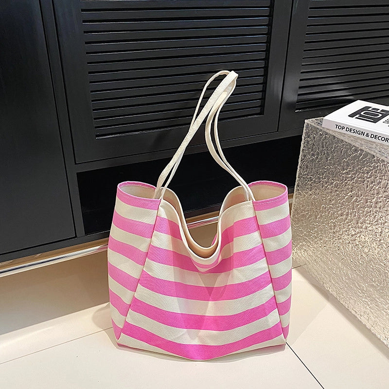 Large Capacity Contrast Color Stripe Handbag Canvas New Fashionable Lazy Style Shoulder Bag Class Tote Bag