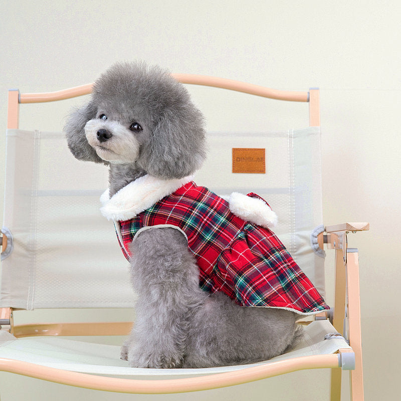 Plaid Fleece Bowknot Dog Harness Dress Coat