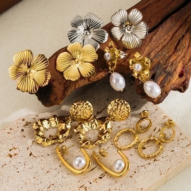 Classic Style Solid Color Flower Plating Inlay Stainless Steel Artificial Pearls 14k Gold Plated Drop Earrings