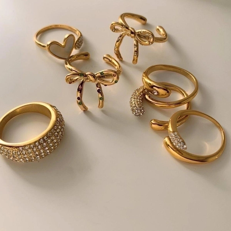 Casual Modern Style Heart Shape Bow Knot 316 Stainless Steel  Shell Diamond 16K Gold Plated White Gold Plated Gold Plated Inlay Stainless Steel Rings