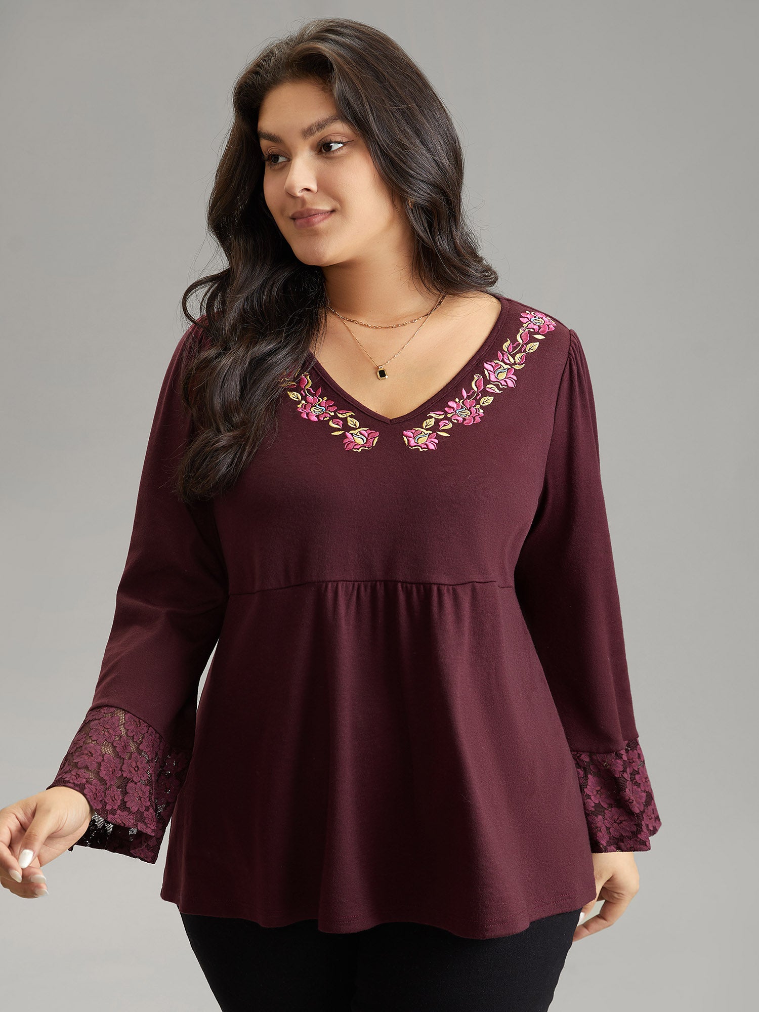 Floral Embroidered Lace Panel Bell Sleeve T-shirt