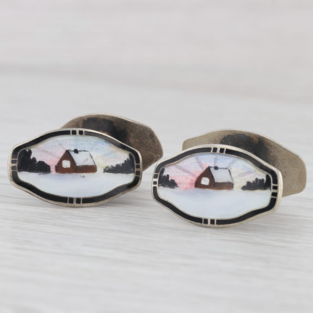 Vintage Norwegian Guilloche Enamel Farmhouse Cufflinks Sterling Silver NM Norway