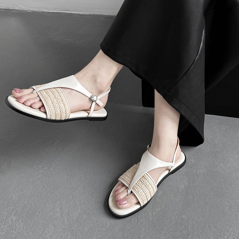 Vintage Style Woven Toe Post T-Straps Slingback Flat Sandals Roman Inspired Summer Shoes in Beige/Brown