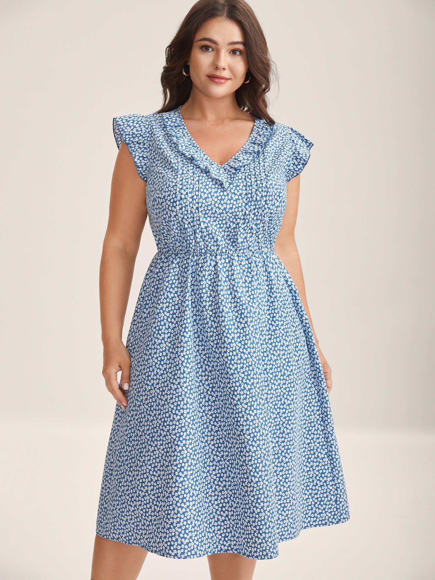 Floral Print Ruffled Neck Midi Dress
