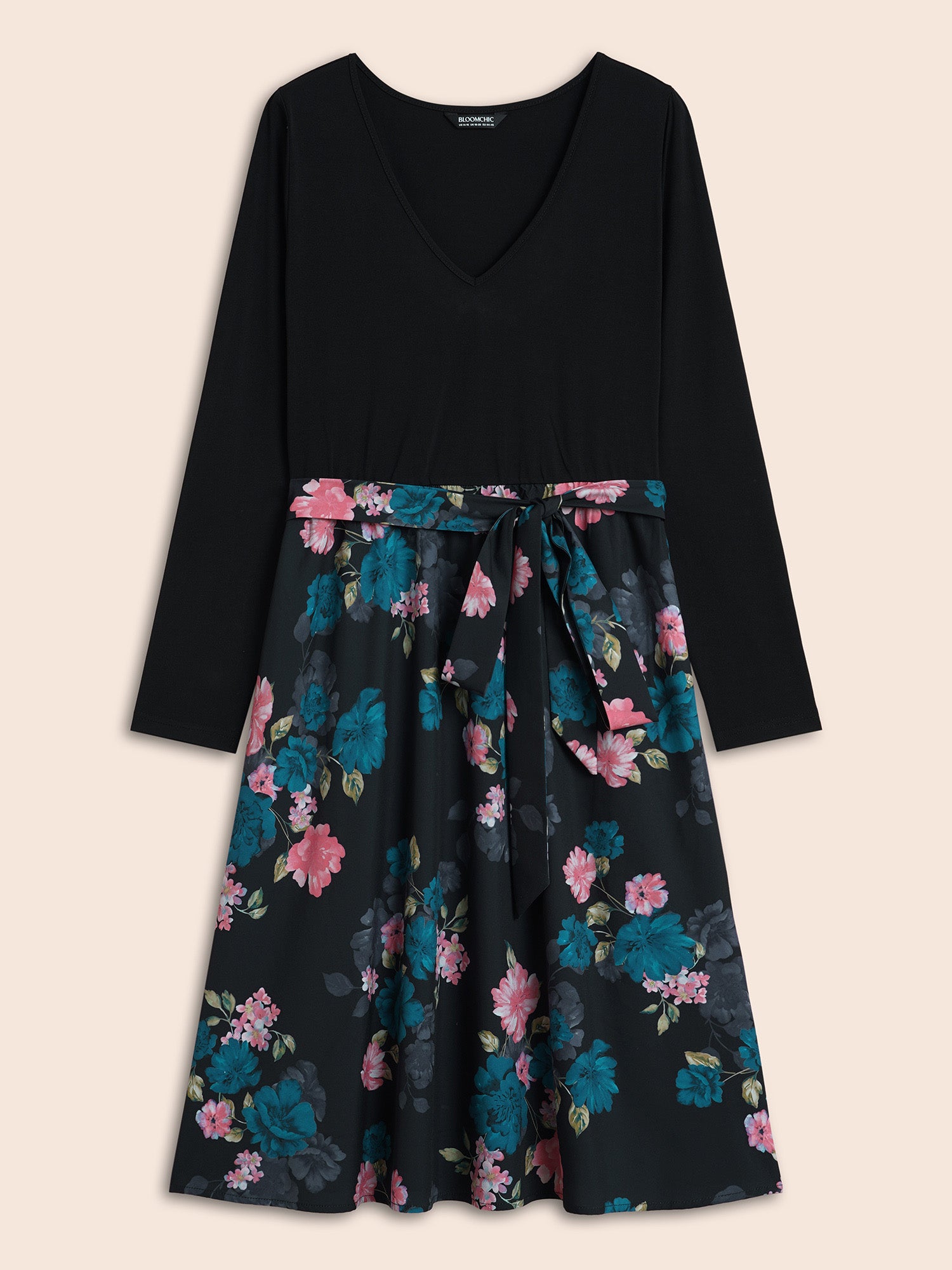 V Neck Floral Patchwork Belted Dress