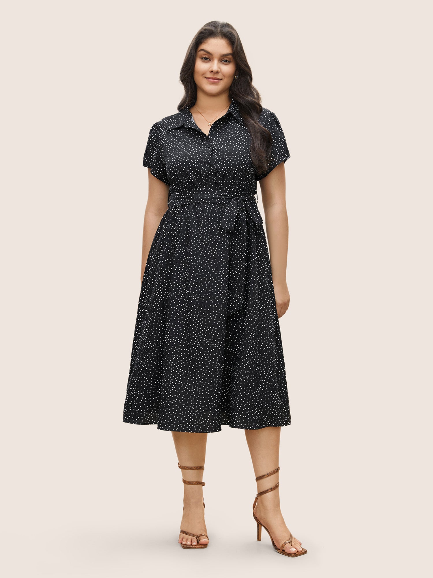 Polka Dot Shirt Collar Pocket Button Up Dress