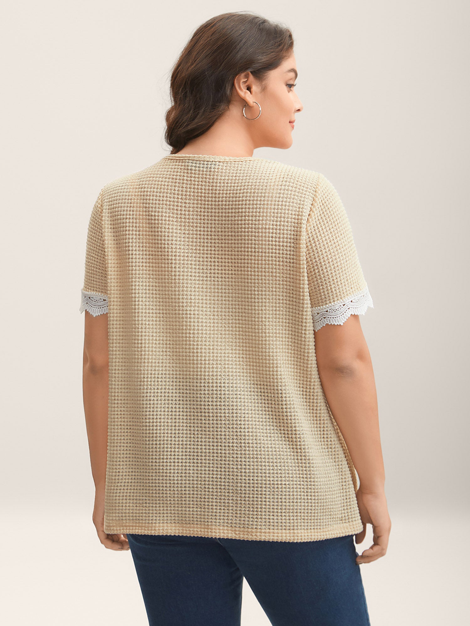 Sheer Waffle Textured Lace Trim T-Shirt
