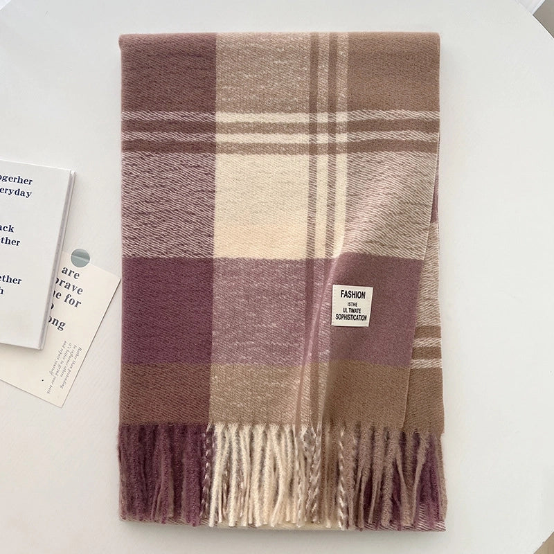 Maillard Brown Plaid Scarf Women's Autumn And Winter  Thickened Warm High-end Wearing Scarf Shawl