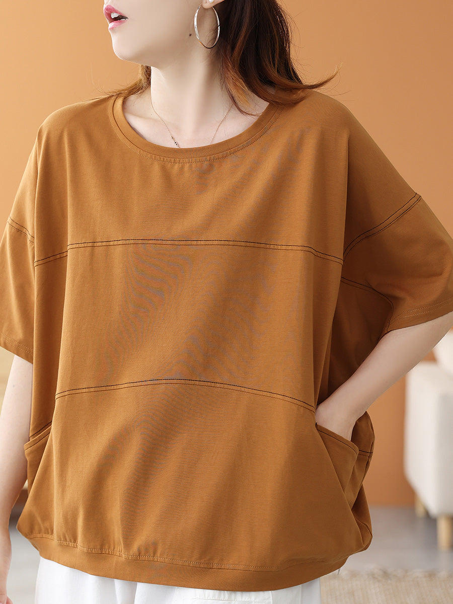 Women Summer Casual Cotton Pure Color Spliced O-Neck Shirt