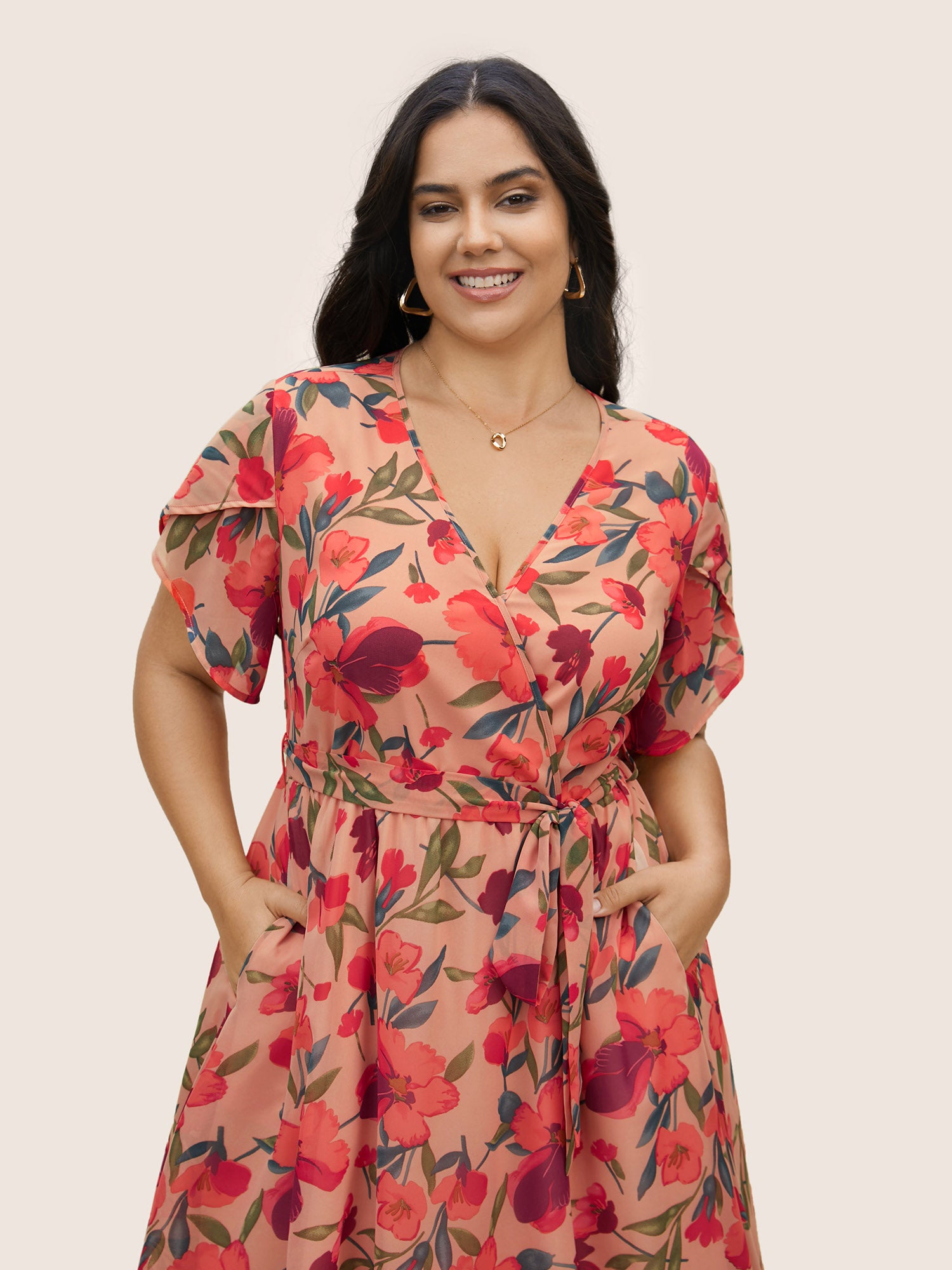 Watercolor Floral Patchwork Petal Sleeve Belted Dress