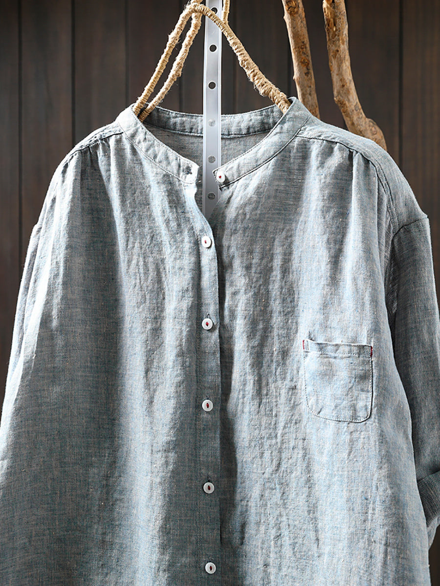 Women Summer Pure Color Stand Collar 100%Linen Shirt