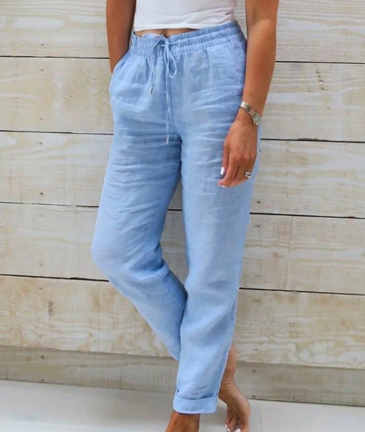 Women's high waist elastic waist solid color cotton and linen casual pants