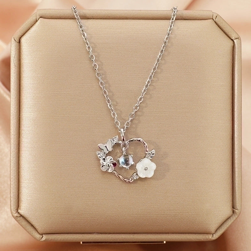 3 Pieces Lady Heart Shape Flower Titanium Steel Plating Inlay Zircon Gold Plated Pendant Necklace