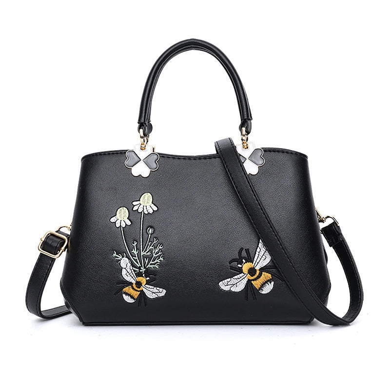 Women's Pu Leather Flower Bee Classic Style Sewing Thread Bucket Zipper Handbag Crossbody Bag