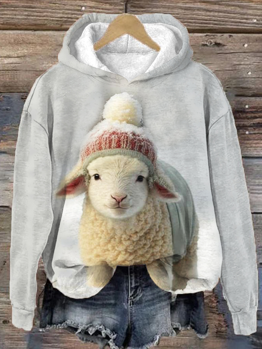 Winter Lamb Print Casual Long Sleeve Hoodie