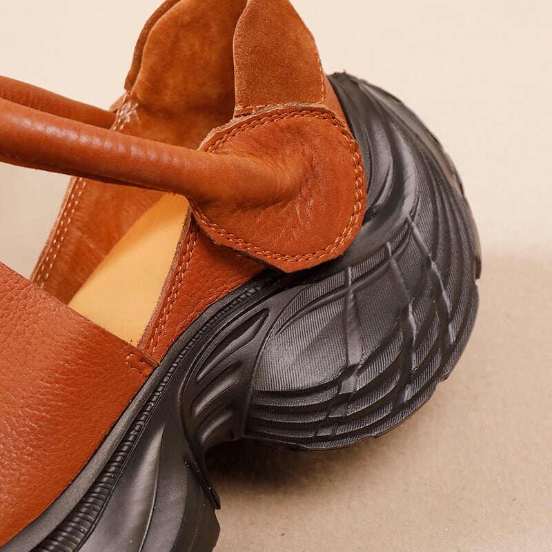 Chunky Platform Cow Leather Mary Jane Shoes with Adjustable Velcro Strap in Black/Light Brown