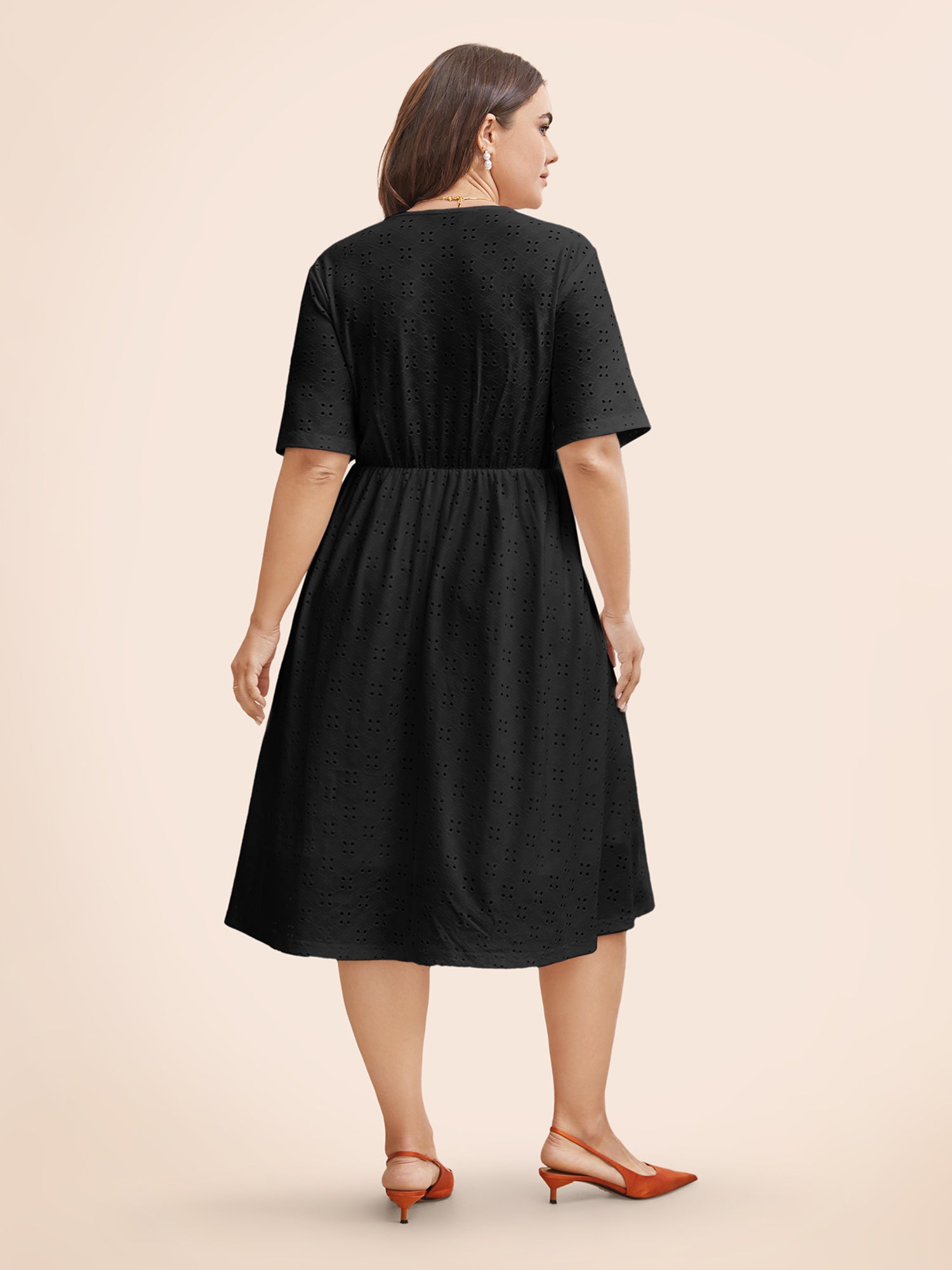 Solid Pocket Laser Cut Surplice Neck Knee Dress