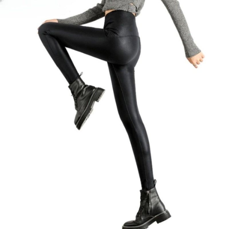 Black Fleece Matte Leather Leggings For Women