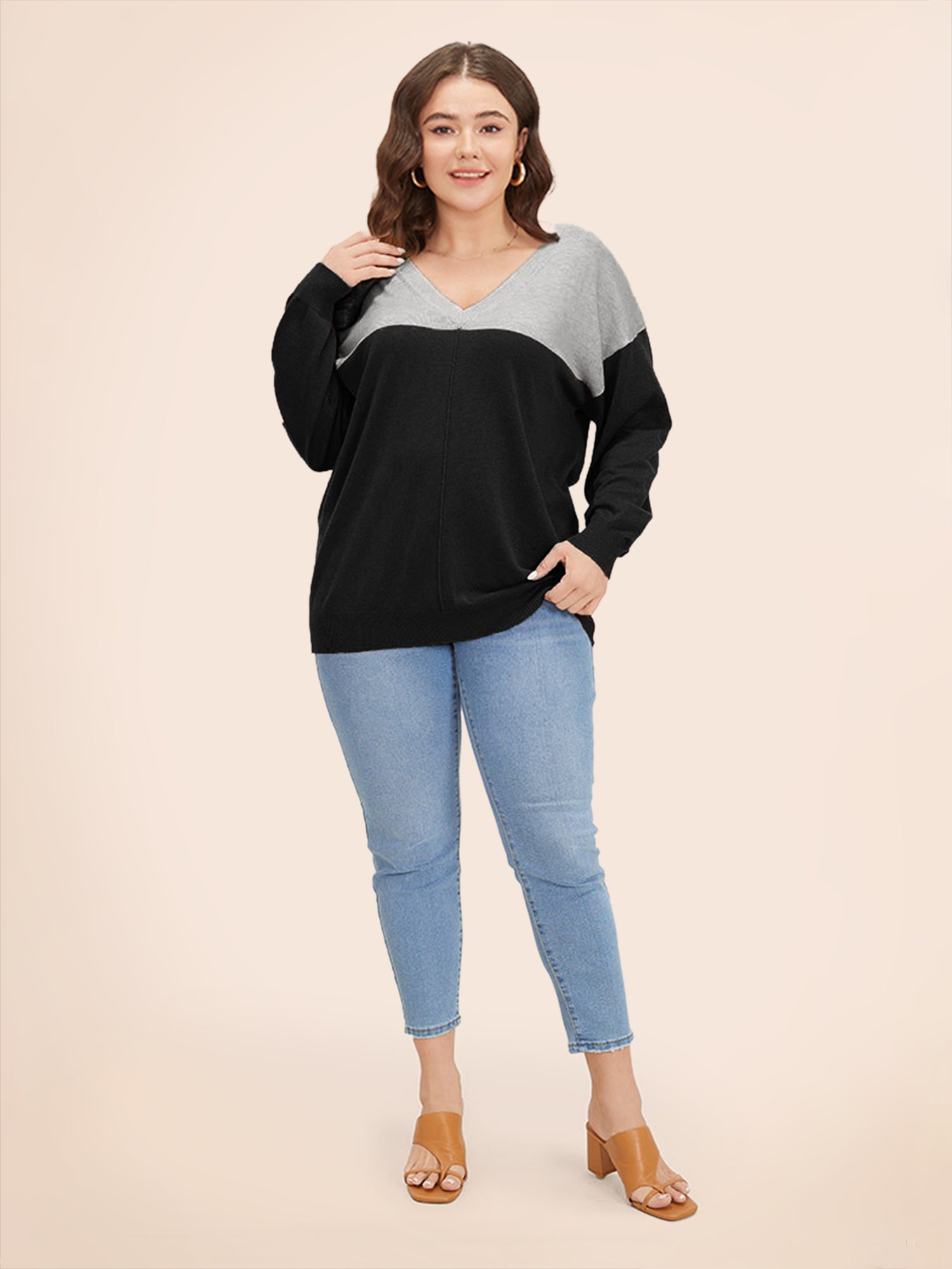 Supersoft Essentials Colorblock Two Tone Patchwork V Neck Pullover