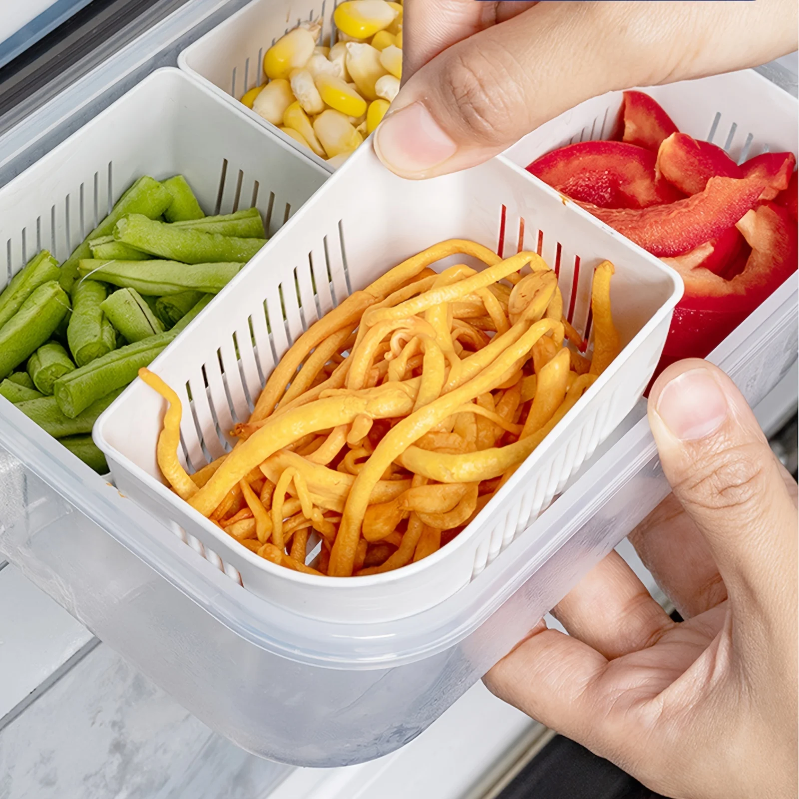 FRIDGE ORGANIZER. DIVIDED VEGETABLE & MEAT BOX. FOOD-GRADE. MICROWAVEABLE.