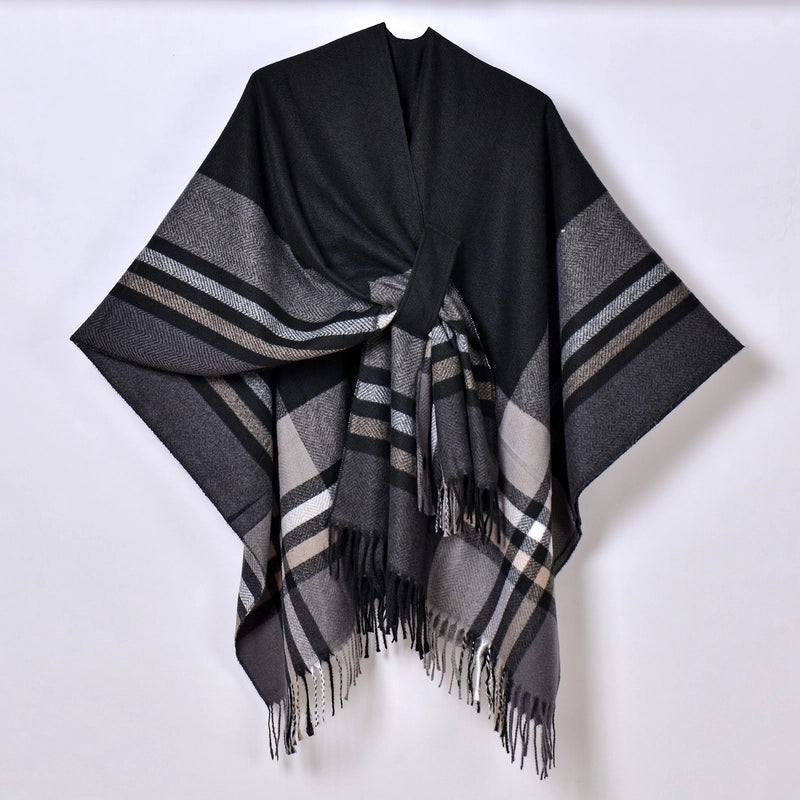 2024 New Color Striped Strap Inverness Women's Jacquard Warm Tassel Cardigan Outer Wear