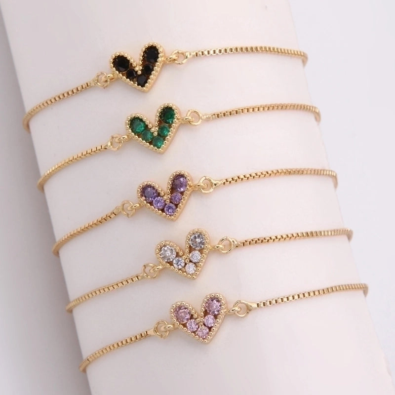 2 Pieces Romantic Minimalist Heart Shape Copper Plating Inlay 18k Gold Plated Bracelets