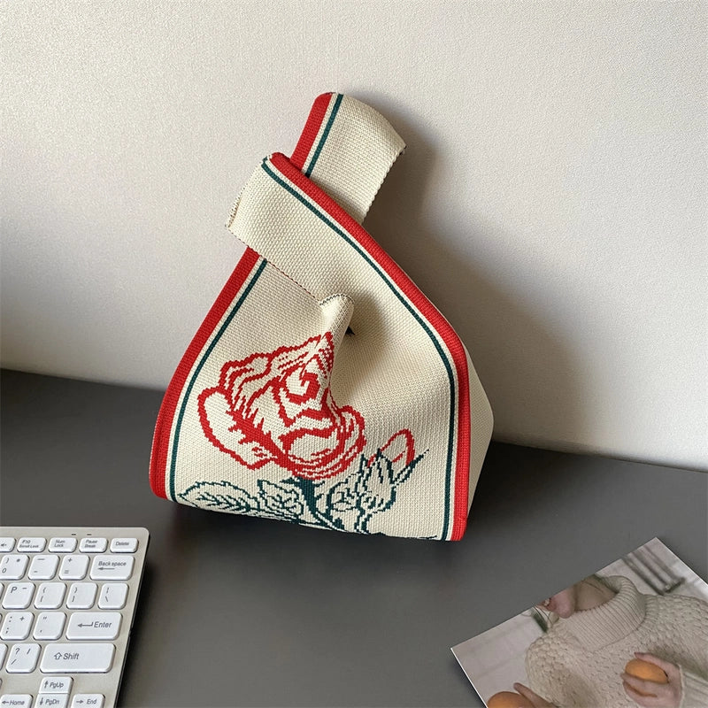 Women's Small Knit Printing Lattice Flower Elegant Classic Style Square Open Handbag