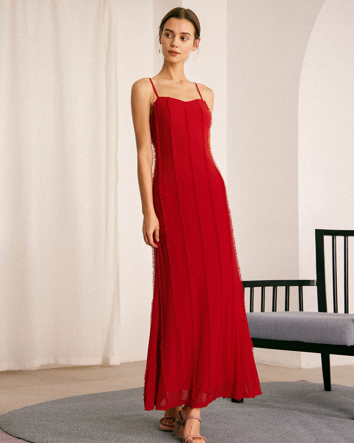 The Red Sweetheart Neck Ruffle Slip Maxi Dress