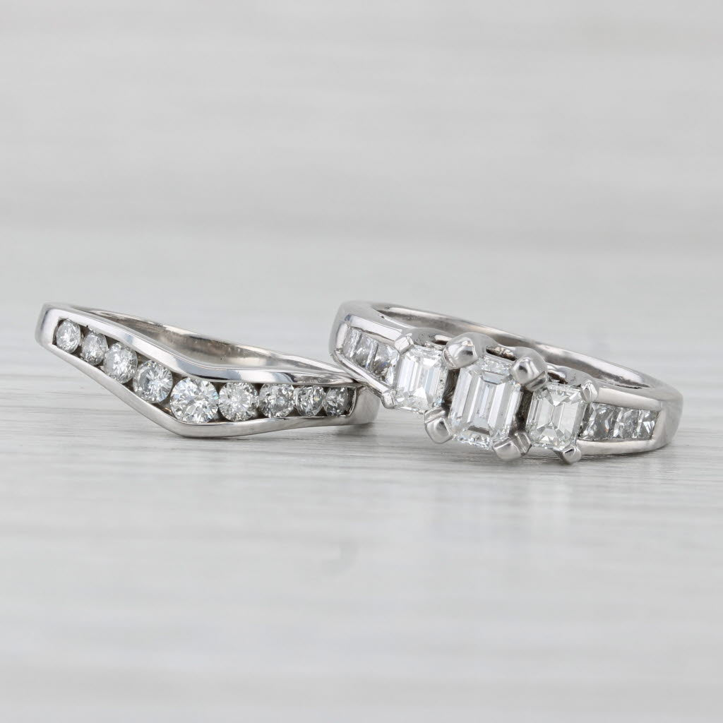 1.31ctw Diamond 3-Stone Engagement Ring Wedding Band Bridal Set 14k Gold Sz 5.75
