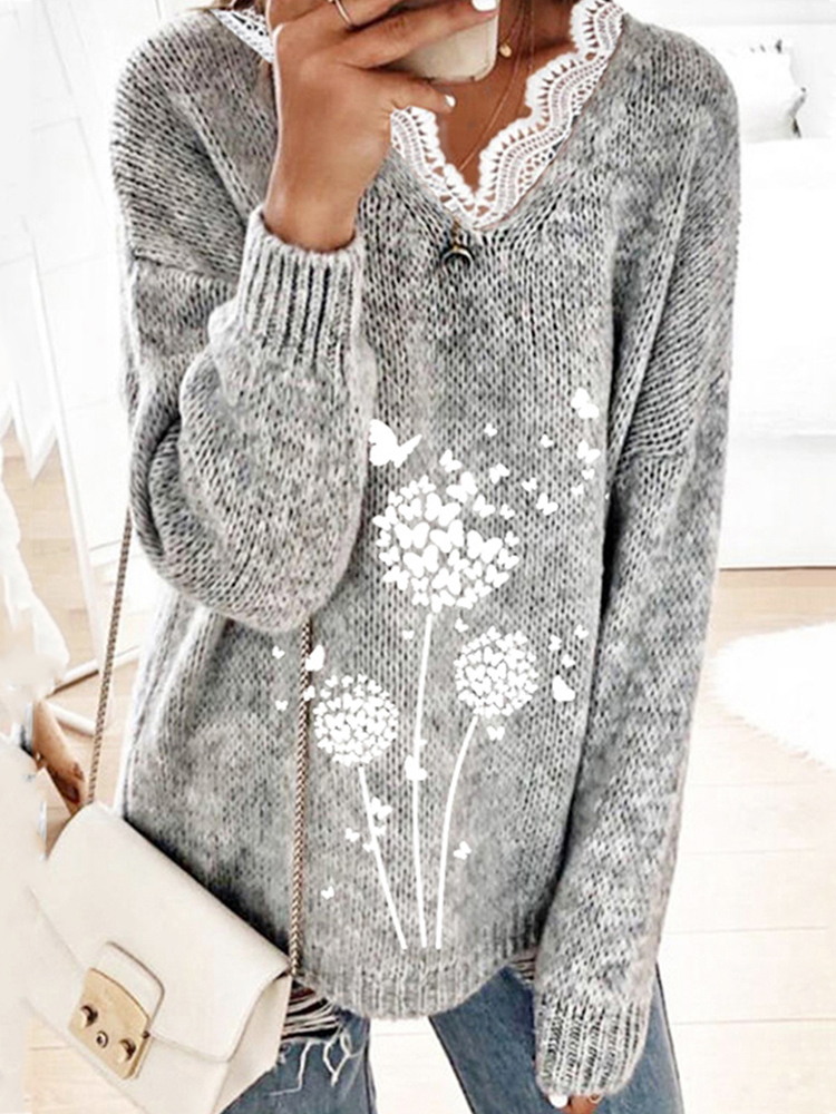 Lace Dandelion Print V-Neck Knitted Sweater