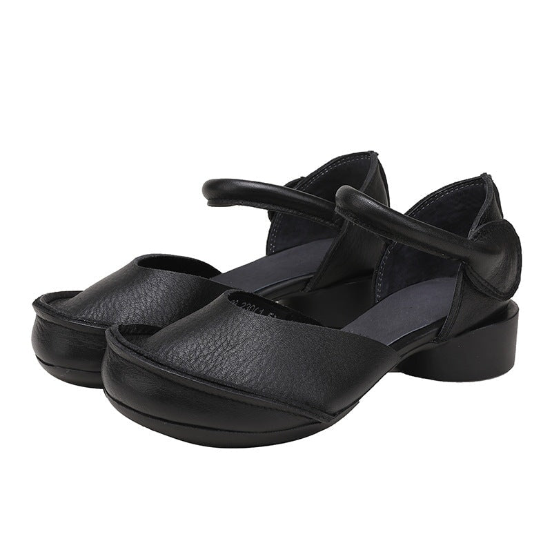 Retro Soft Leather Ankle Strappy Sandals Handmade Closed Toe in Brown/Black