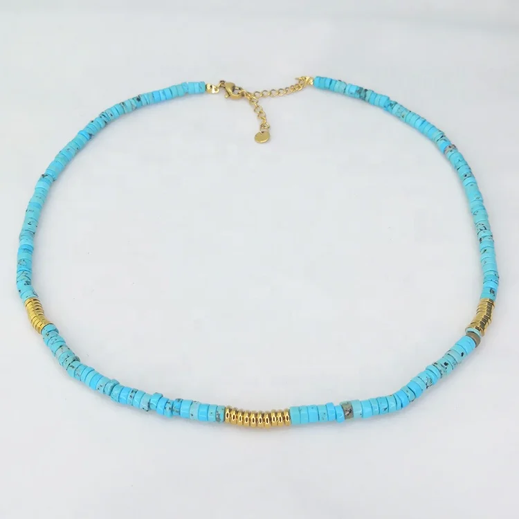 18K Gold Plated Stainless Steel Jewelry Natural Blue Turquoise Stone Accessories Necklaces P213249