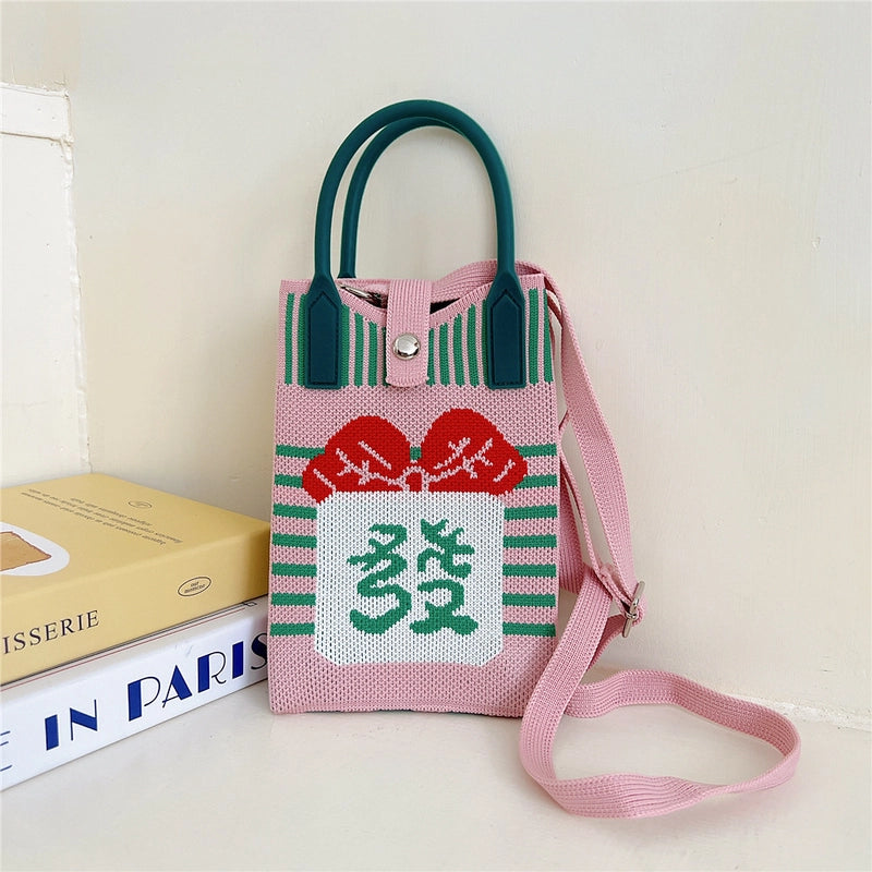 Women's Small Knit Cat Vintage Style Classic Style Bucket Buckle Handbag