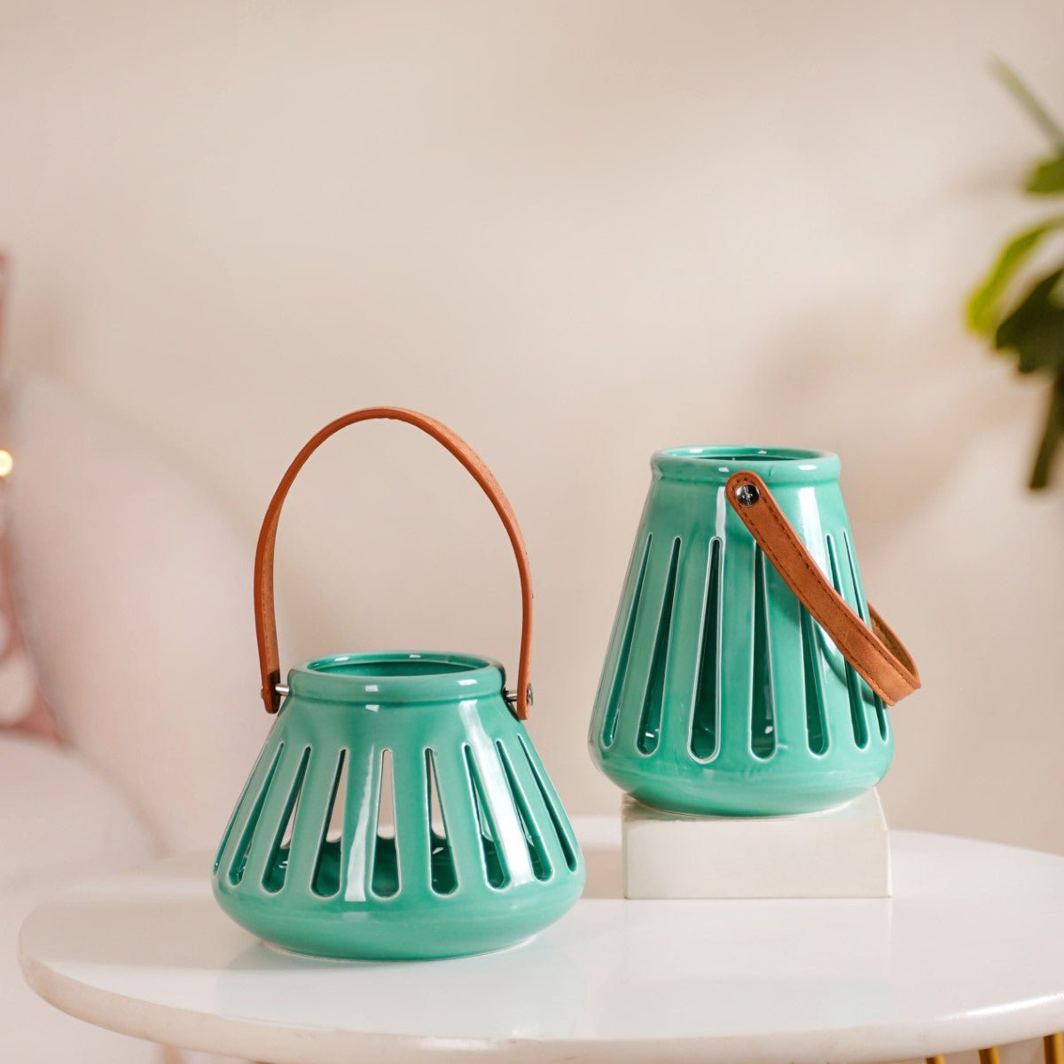 Teal Decorative Ceramic Lantern Set of 2