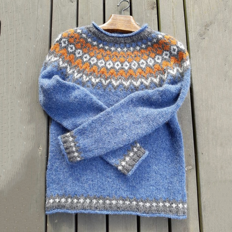 Unisex Vintage Icelandic Orange Blue Knit Jacquard Warmth Crew Neck Sweater