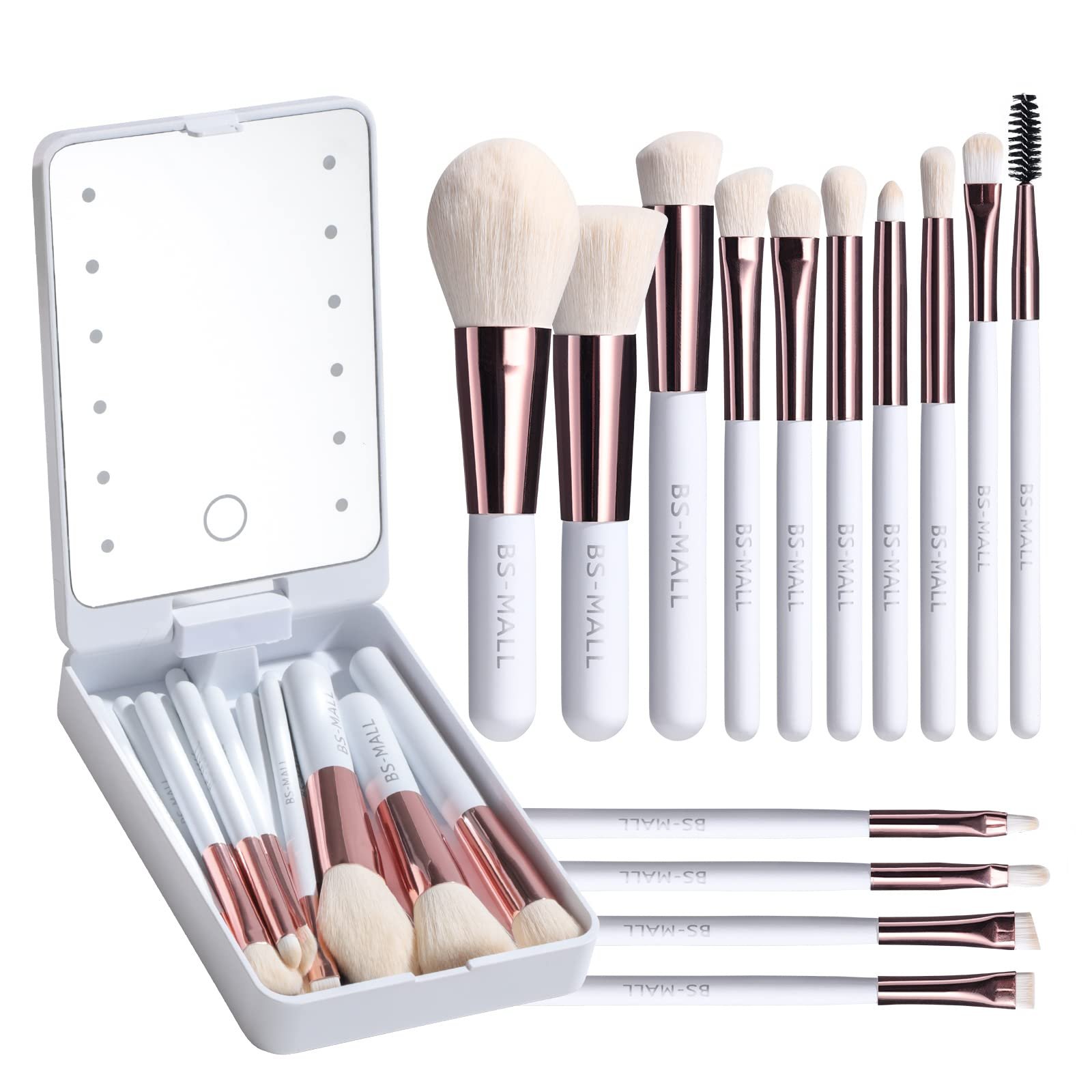 ✨Travel Makeup Brush Set With LED Light Mirror (🔥14PCS Brushes And 🎁Free Makeup Sponge)