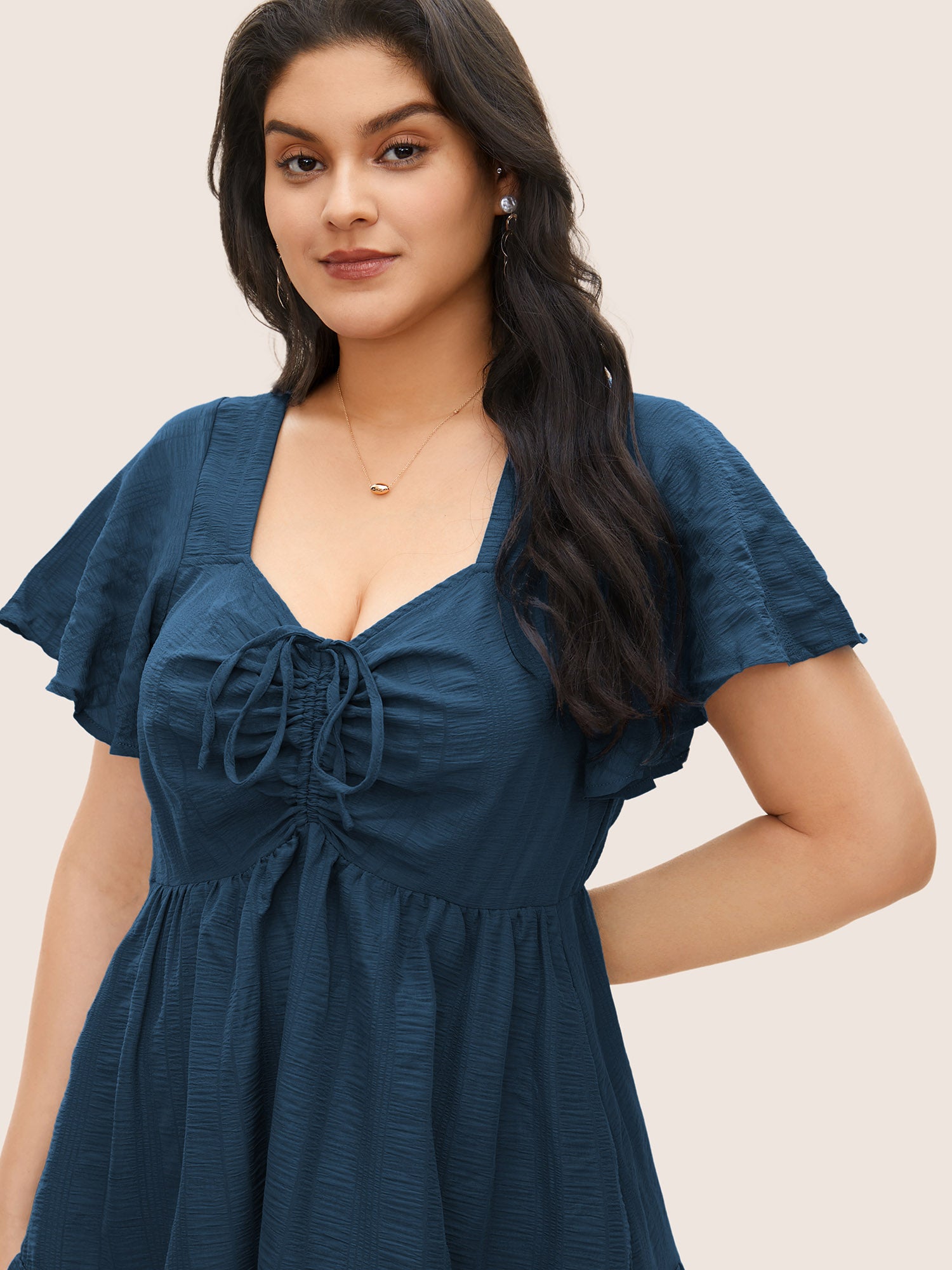 Plain Ruched Drawstring Pocket Ruffle Tiered Dress