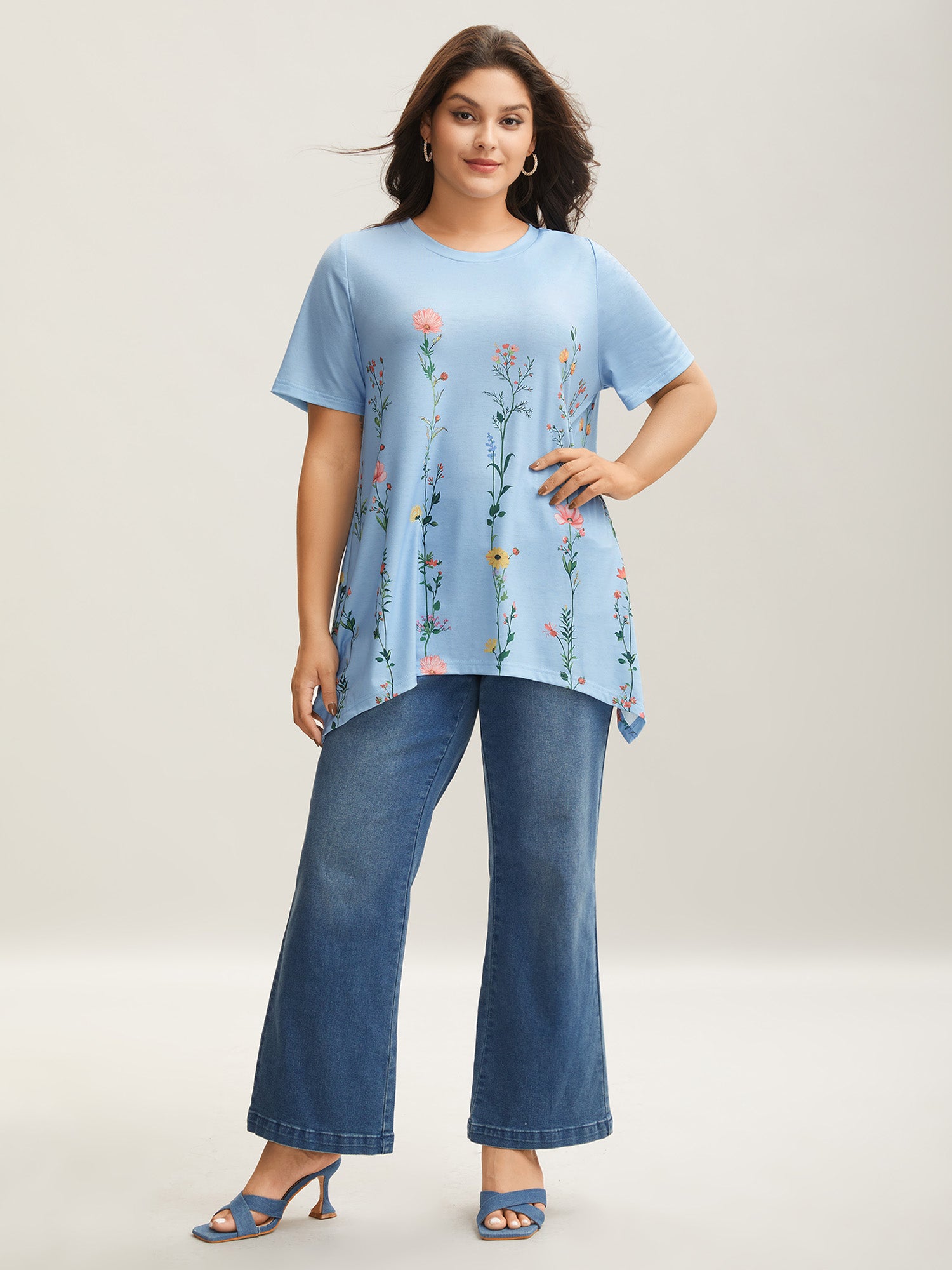 Stretchy Hi-Low Hem Floral T-Shirt