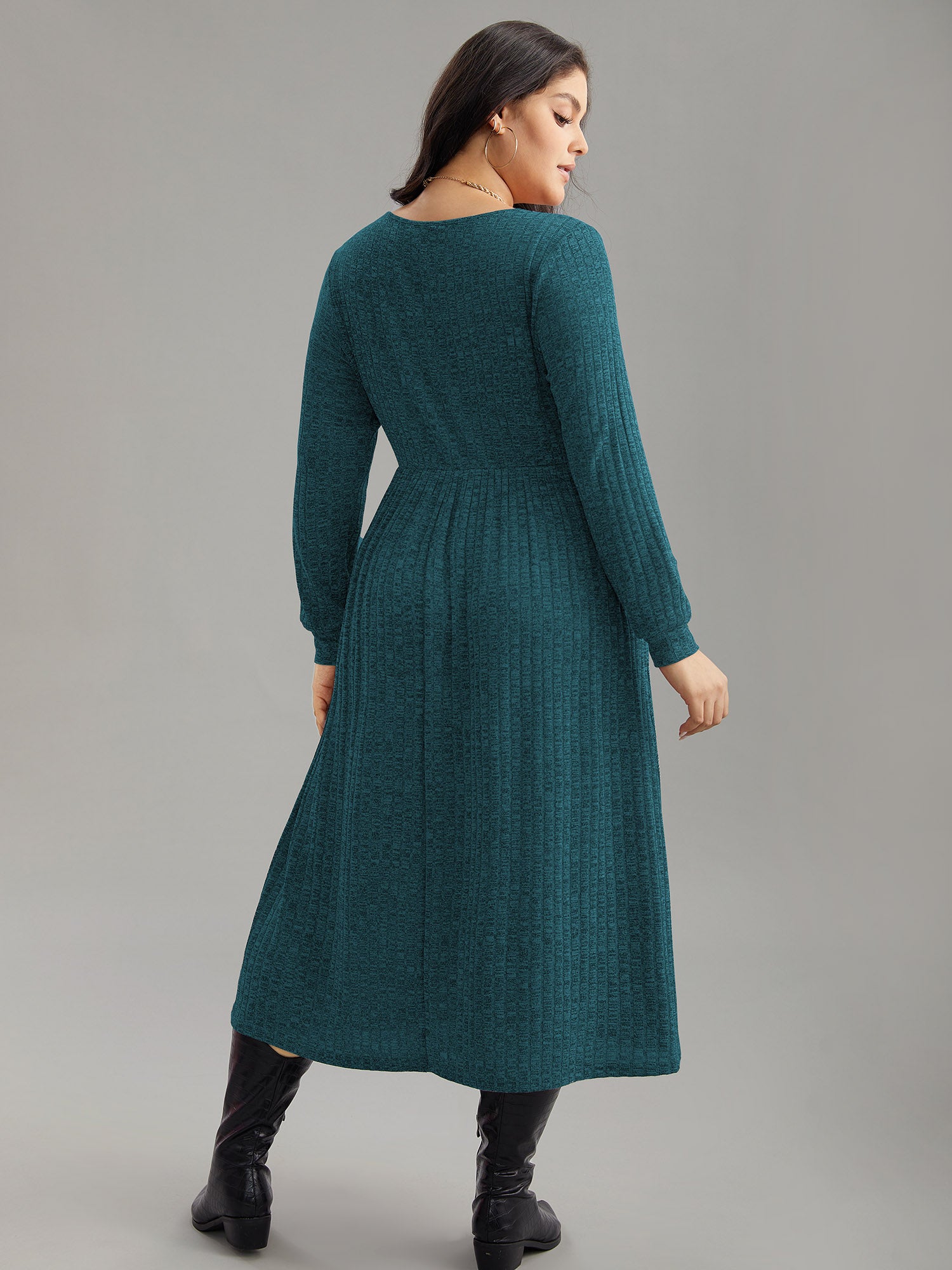 Rib Knit Plain Plisse Long Sleeve Dress