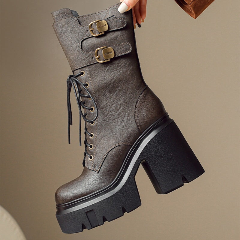 Women Biker Boots Lace-Up Combat Boots Retro Short Boots Handmade Genuine Leather Platform Boots