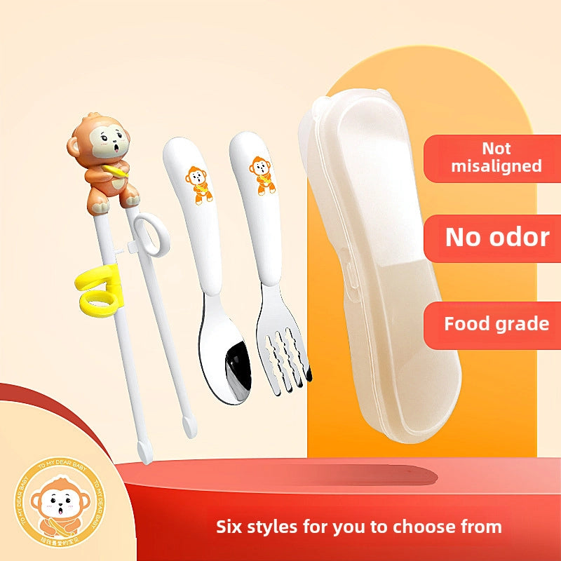 Portable Feeding Children's Tableware Set Cartoon Learning Chopsticks Training Chopsticks 304 Stainless Steel Spoon Fork