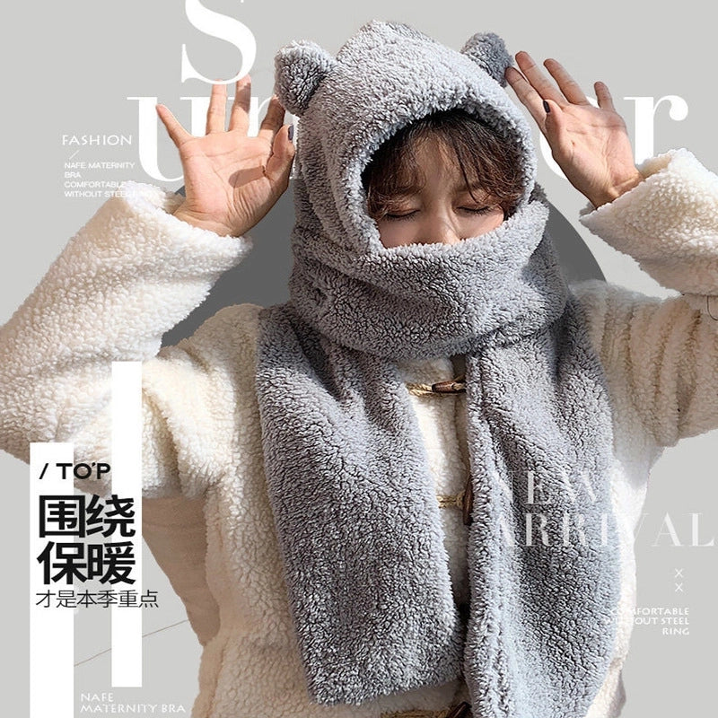 Autumn And Winter Lamb Velvet Padded Cute Bear Ears Hat Scarf Warm Scarf One-piece Warm Rabbit Hat