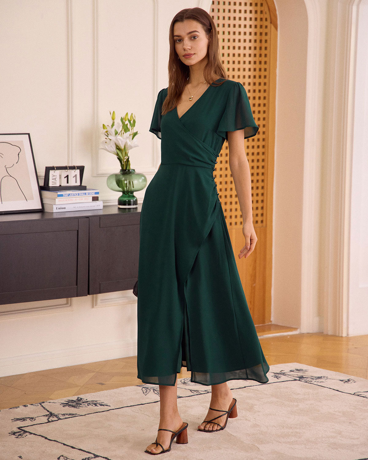 The Green V Neck Button Wrap Maxi Dress